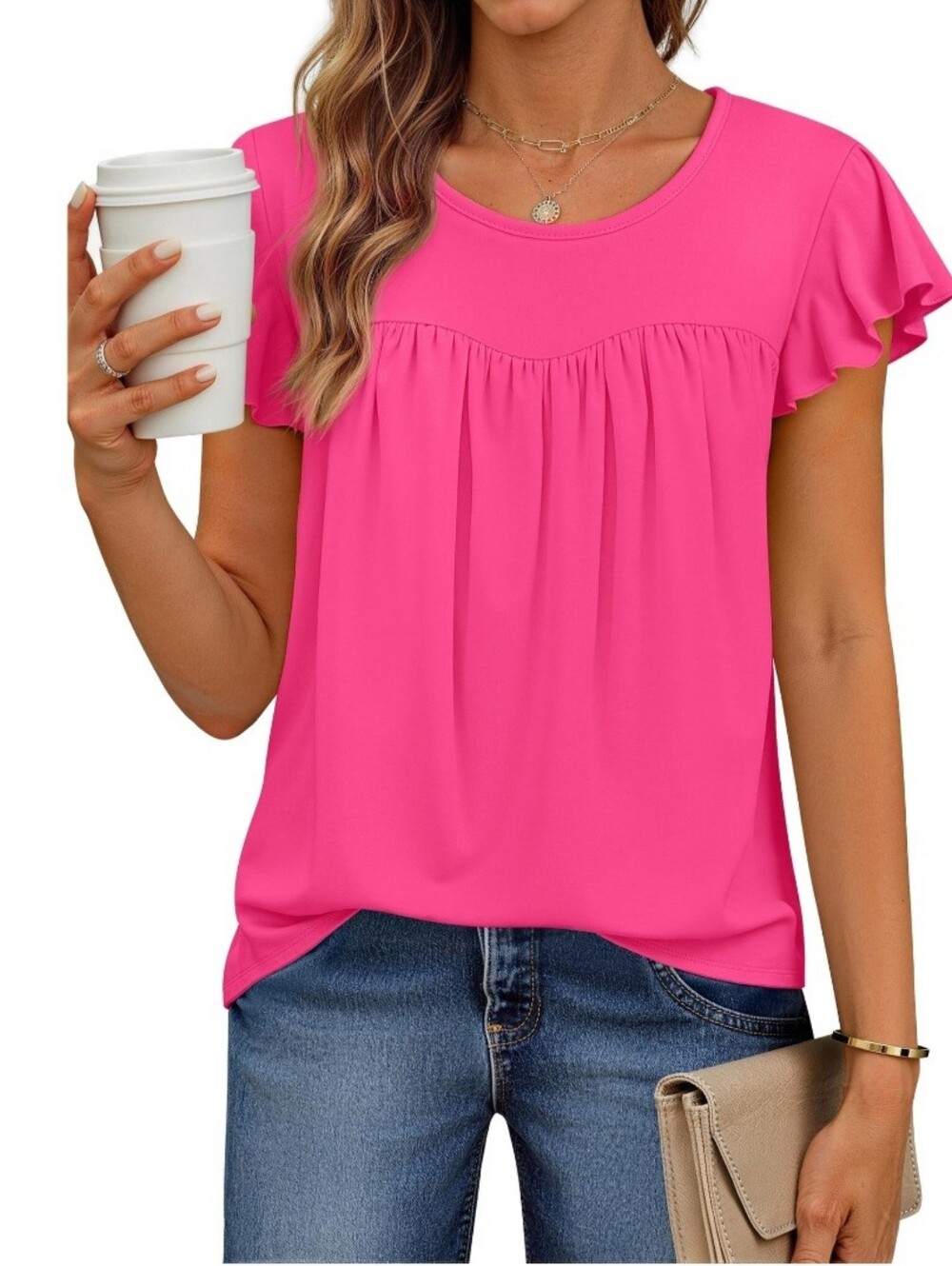 Women’s Flutter Sleeve Pink Top- Full & Plus Sizes - Picture 2 of 7